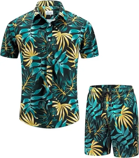 Hawaiian Shirt And Shorts Set Beach  Vacation Outfit Button Down Swim Trunks Men