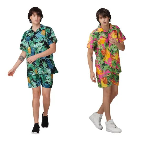 Men's Hawaiian Short Sleeves Shirt and Shorts Set Pineapple Hibiscus Shirt
