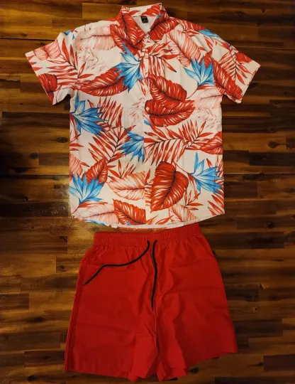 2 Pcs-Shein Hawaiian Shirt And Pants Set For Men Red and Blue Floral - Size S