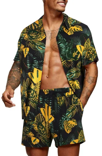 Men's Hawaiian Set Casual Floral Print Shirt Summer Shirt and Shorts Two Piec...