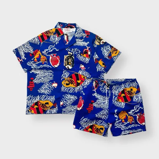 Vtg NOS 90s Generation One Fish Shirt and Shorts Set, Ocean Coral Beach L 80s