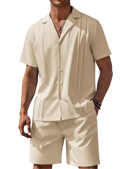 2 Piece Men Summer Sets Leisure Short Sleeve Guayabera Shirt and Shorts