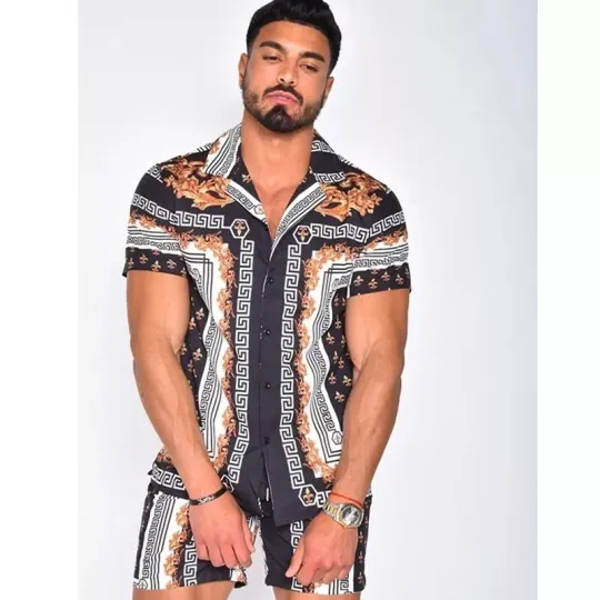 New Men Summer Hawaiian Suit Baroque Print Shirt And Shorts Set
