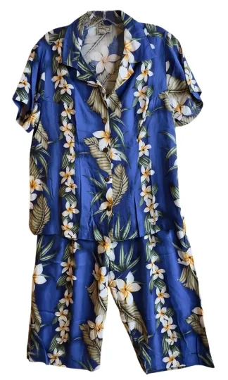 Aloha Hut Hawaii Floral 2 Piece Rayon Elastic Capri Pants And Blouse Set Sz M