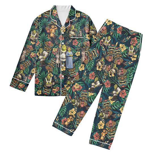 Funny Shrek Aloha Matching Pajamas Set Disney Enchanted Tiki Room Inspired Theme, Trendy Shrek and Fiona Couple Pajamas for Shrek Lover