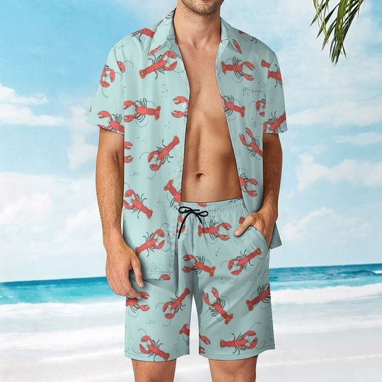Red Lobster Shirt and Shorts Outfit Set Men, Hawaiian Button Beach Suit Male Guys Summer Short Sleeve Button Up Down Wedding Luau Party