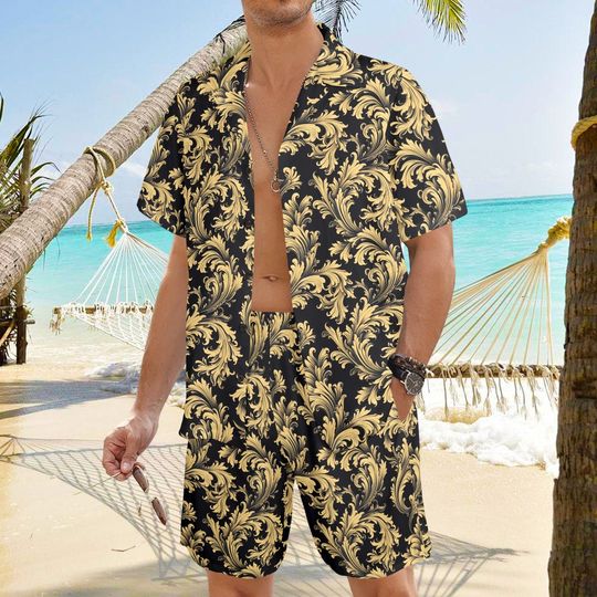 Baroque Shirt Shorts Outfit Set Men, Black Gold Luxury Hawaiian Beach Male Guys Summer Short Sleeve Button Up Down Luau Party Festival