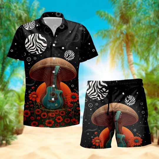 Psychedelic Mushroom Guitar Hawaiian Shirt and Shorts Set, Men's Trippy Space Flower Summer Outfit, Festival Beachwear Gift