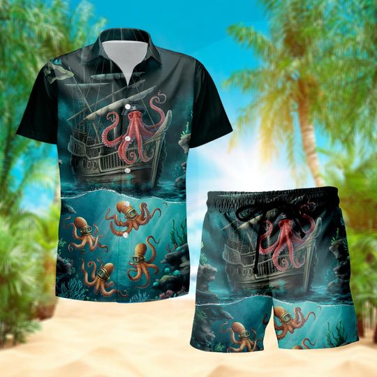 Octopus Diving Hawaiian Shirt and Shorts Set, Funny Underwater Pirate Ship Print Matching Summer Beach Outfit for Men Vacation Wear