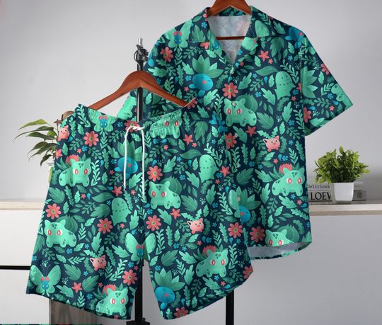 Bulbasaur Hawaiian Shirt Tropical Hawaii Set Hawaii Button Up Shirt Summer Oddish Hawaiian Shirt Bulbasaur Shirt Gifts