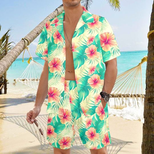 Tropical Shirt Shorts Outfit Set Men, Green Red Floral Hibiscus Hawaiian Beach Male Guys Summer Short Sleeve Button Up Down Luau Party