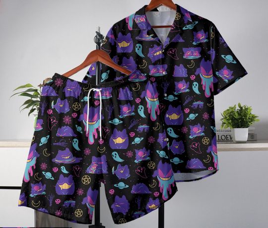 Gengar Hawaiian Shirt Tropical Button Up Shirt Summer Hawaiian Short Graffiti Hawaii Set Gengar Shirt Gifts