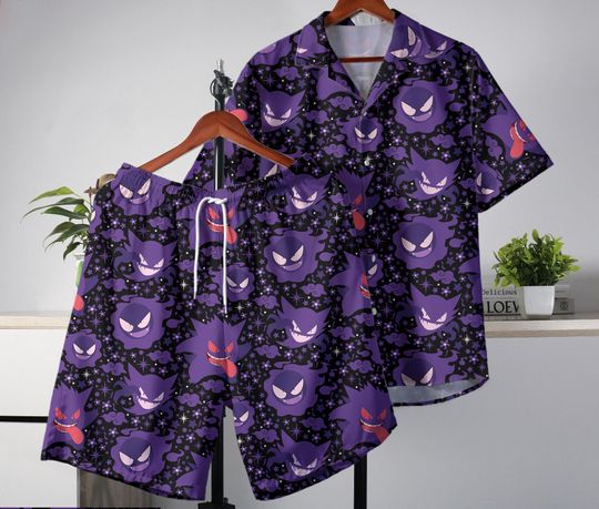 Gengar Hawaiian Shirt Tropical Button Up Shirt Summer Hawaiian Short Tropical Hawaii Set Gengar Shirt Gifts