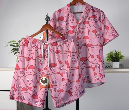 Kirby Hawaiian Shirt Tropical Button Up Shirt Summer Hawaiian Short Tropical Hawaii Set Kirby Shirt Gifts