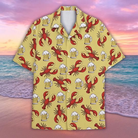 Lobster Nautical Hawaiian Shirt, Beer Button Shirt and Shorts, Summer Vacation Outfit, Ocean Beach Set