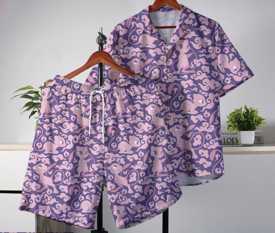 Mew Hawaiian Shirt Summer Hawaii Set Tropical Button Up Shirt Summer Beach Short Mew Shirt Gifts