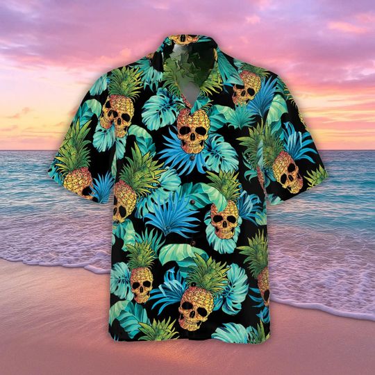 Pineapple Skull Tropical Leaves Hawaiian Shirt, Horror Aloha Button Shirt, Summer Clothing, Colorful Short Sleeve Tee, Shirt For Men Women