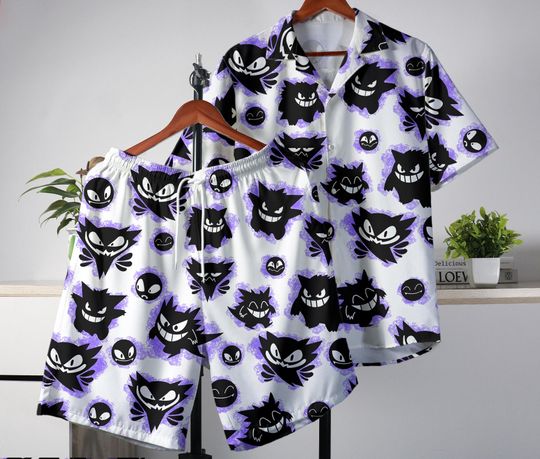 Gengar Hawaiian Shirt Tropical Button Up Shirt Summer Hawaiian Short Ghost Hawaii Set Gengar Shirt Gifts