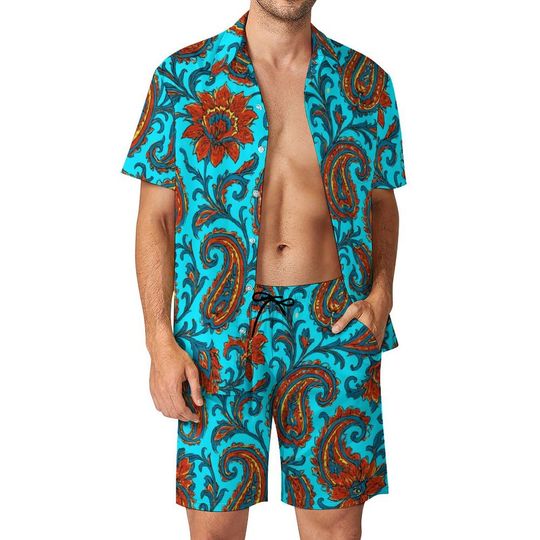 Turquoise Paisley Hawaiian Shirt and Shorts Set | Men's Beach Outfit | Matching Summer Two-Piece |  Polyester Peach Skin