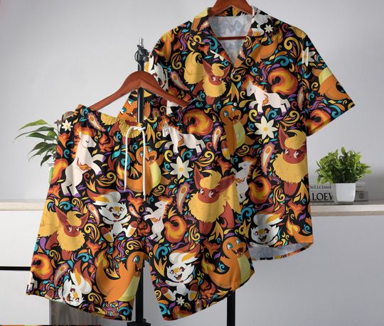 Charmander Hawaiian Shirt Tropical Button Up Shirt Summer Hawaiian Short Scorbunny Hawaii Set Charmander Shirt Gifts