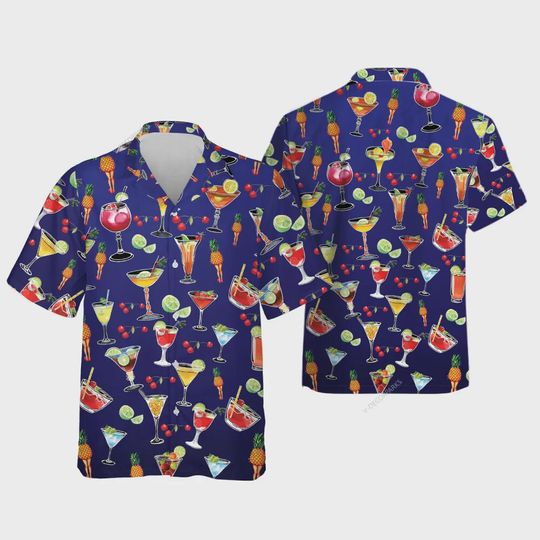 Cocktail Fruits Hawaiian Shirts For Men, Tropical Fruit Drinks Summer Beach Shirts, Cocktail Button Down Short Sleeve Shirts, Family Outfits