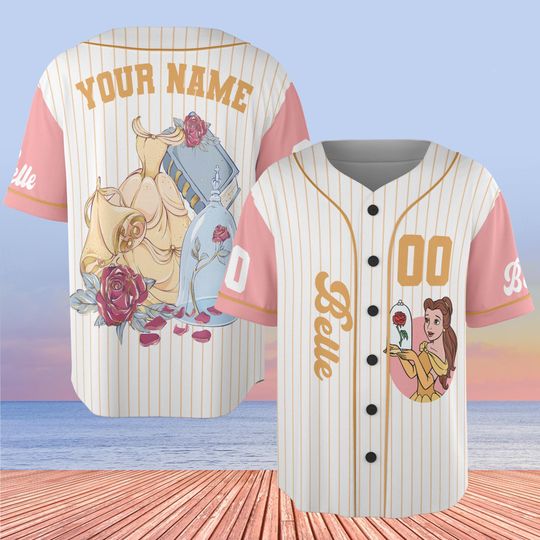 Custom Coquette Princess Belle Baseball Jersey With Name Number, Beauty & Beast Baseball Jersey, Disney Baseball Jersey, Gift For Baseball