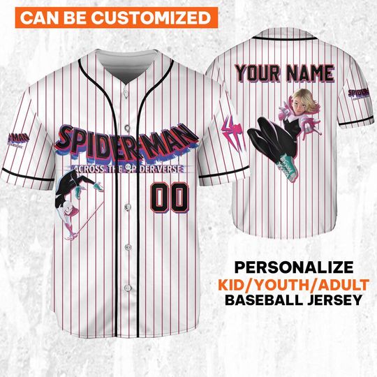 Personalize Spider Man Across The Spider-Verse Gwen Stacy, Superhero Jersey Team, Spider-Man Baseball Team, Disney Baseball Jersey