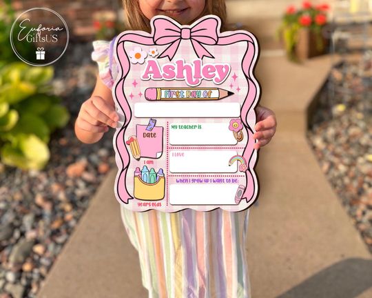 Custom First Day School Sign, Perosonalized First Day School Sign, Back to School Sign, Pink Coquette 1st Day of School Wooden School Board