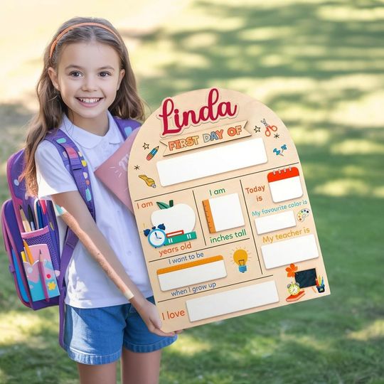 Personalized First Day of School Sign for Kids, Custom Name Back to School Board, Reusable Memory Photo Prop, Wooden School Milestone Board