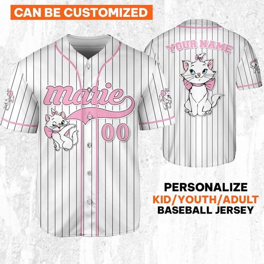 Personalize Disney The Aristocats Marie White Pink, Custom Kid Youth Adult Baseball Jersey, Custom Disney Birthday Gift