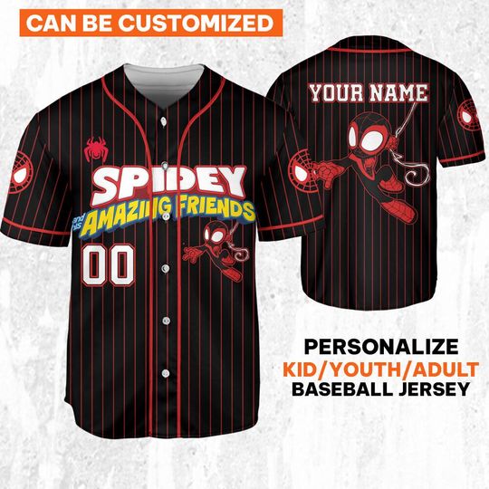 Personalize Spidey And His Amazing Friends Miles Morales Black, Custom Kid Youth Adult Baseball Jersey, Custom Disney Birthday Gift