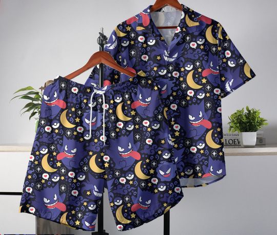 Gengar Hawaiian Shirt Hawaii Button Up Shirt Summer Hawaiian Short Tropical Hawaii Set Moon Gengar Shirt Gifts