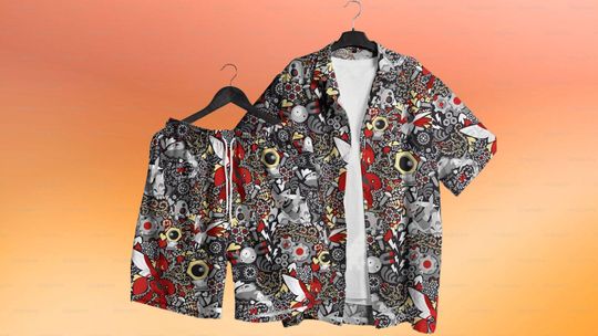 Men's Hawaiian Shirt and Shorts Set, Summer Tropical Outfit, Casual Beachwear, Anime-Inspired Print, Lightweight Vacation Set