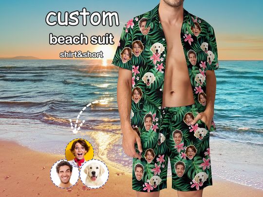 Custom Hawaiian Shirt Trunks with Face for Bachelor PartyPersonalized Hawaiian Shirt Set with PhotoCustom Photo Men's Beach Suit with Dog