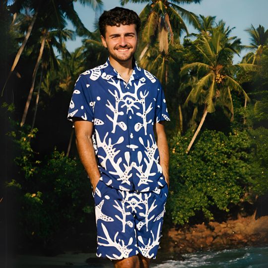 Cruise Outfit for Men Coral Print Shirt and Shorts Set Summer Beachwear Look Tropical Vacation Co Ord Navy Blue Resort Wear