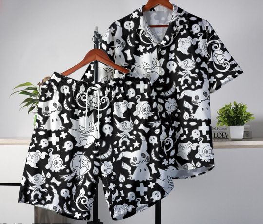 Gengar Hawaiian Shirt Tropical Button Up Shirt Summer Hawaiian Short Mimikyu Hawaii Set Gengar Shirt Gifts