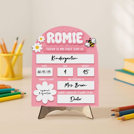 First Day of School Sign, Custom Last Day of School Sign with Name, Preschool Back To School Dry Erase Sign, Bee School Board for Kids
