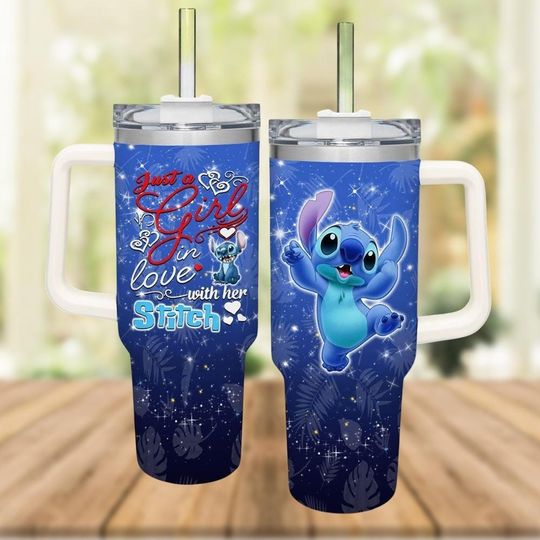 Stitch Tumbler with Handle, 40oz Cute Blue Alien Cup, Custom Lilo and Stitch Gift for Her, Just a Girl in Love