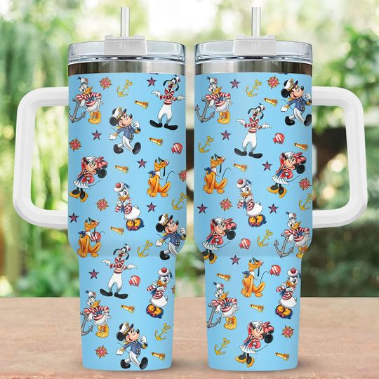 Disney Cruise Tumbler 40oz, Mickey And Friends Stainless Steel Travel Mug, Family Vacation Cup With Straw, Ocean Theme Drinkware Gift