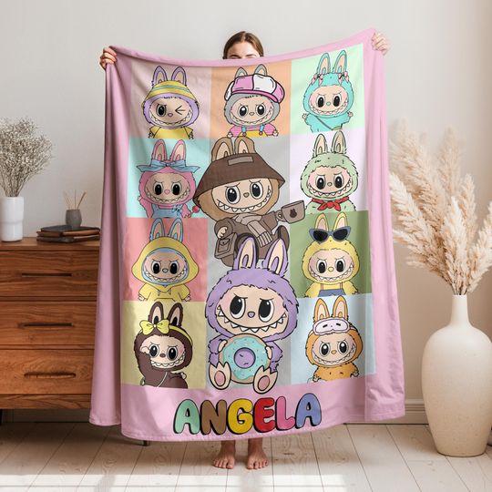 Custom Blanket With Labubu Theme, Personalized Cute Labubu Blanket, Labubu lover Gift, Pink Blue Kid Blanket For Girl, Gift for Her