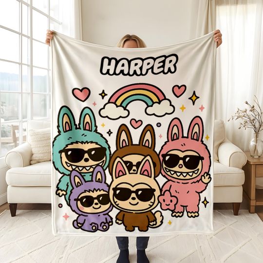 Personalized Labubu Character Blanket, Cute Cartoon Animal Fleece Blanket, Kid Blanket, Back To School Gift