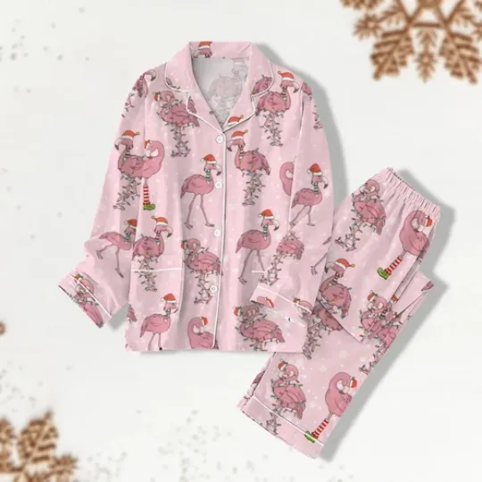 Flamingo Christmas Pajamas Pants, Flamingo Christmas Shirt For Women, Flamingo