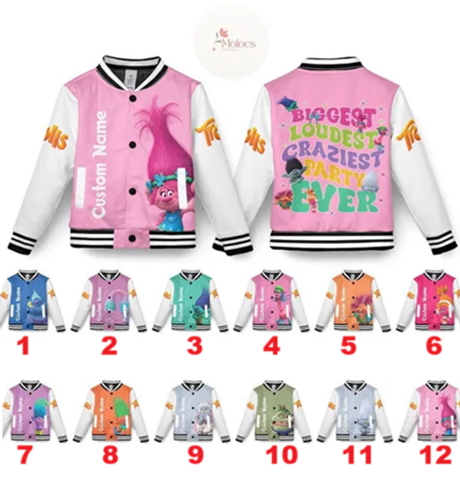 Personalized Trolls Baseball Jacket for Princess Queen Poppy Birthday Girl, Trolls Family Varsity Gift