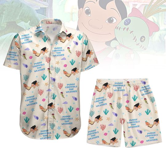Lilo And Stitch Button Shirt, Pudge Controls The Weather Hawaii Shorts, Disneyland Girl Trip Shirt, Stitch Pudge The Fish Summer Shirt