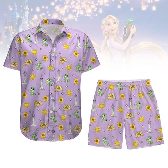 Tangled Pascal Lantern Tower Button Shirt Shorts, Disney Rapunzel Princess Outfit, Fairytale Matching Set, Disney Princess Button Shirt