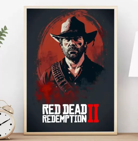 Arthur Morgan Wall Art - Premium Matte Vertical Poster, Cowboy with Gun, Blue Background, Gaming Decor