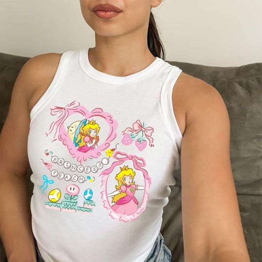 Coquette Bow Princess Peach Crop Tank Top, Womens Princess Peach Shirt, Coquette Strawberries Tee, Girls Trip Crop Tank