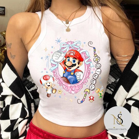 Retro Coquette Bow Mario Yoshi Crop Tank Top