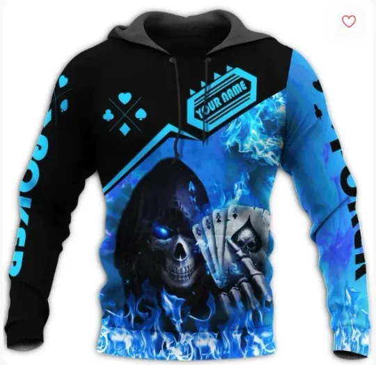Customized 3D All Over Printed Death On Poker Shirt, Blue Fire Poker Hoodies
