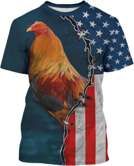 Owlfder Rooster T-shirt for Men Funny Chicken 3D Printed Vintage Crew Neck Short